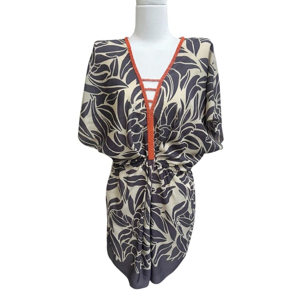 Anthropologie Leifnotes Lamai Dress Orange Beaded Sz 0 Leaves Kaftan Cover Up